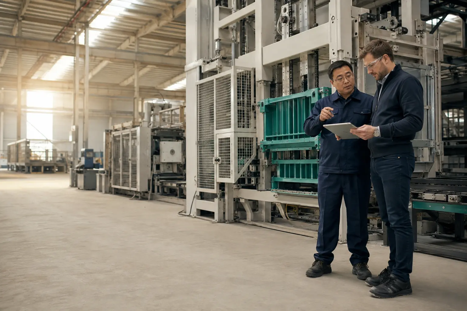Illustrative sourcing adviser and factory engineer reviewing industrial machinery